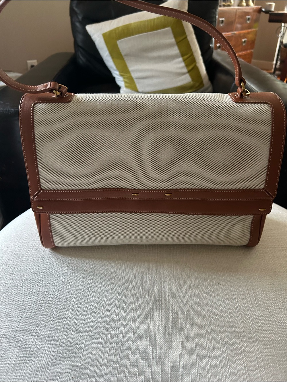 Structured Canvas Tote with Brown Leather Trim